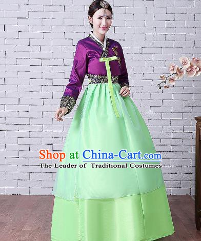 Asian Korean Dance Costumes Traditional Korean Hanbok Clothing Embroidered Purple Blouse and Green Dress for Women