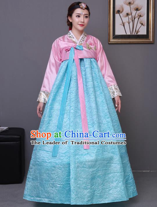 Asian Korean Dance Costumes Traditional Korean Hanbok Clothing Wedding Pink Blouse and Blue Dress for Women