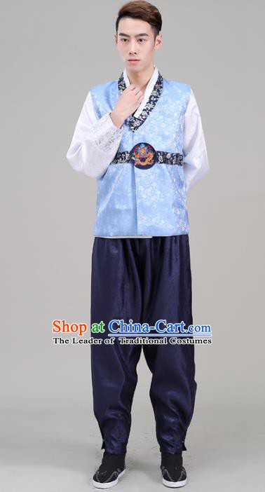 Asian Korean Court Dance Blue Costumes Traditional Korean Hanbok Wedding Bridegroom Clothing for Men