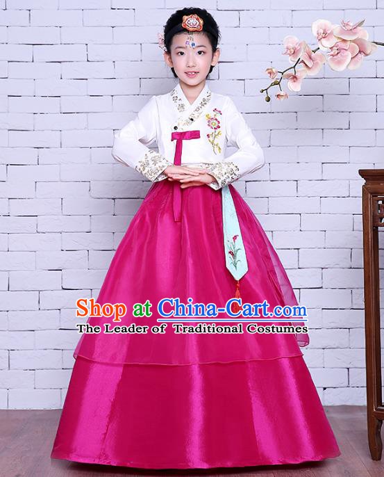 Asian Korean Dance Costumes Traditional Korean Children Hanbok Clothing White Blouse and Rosy Dress for Kids