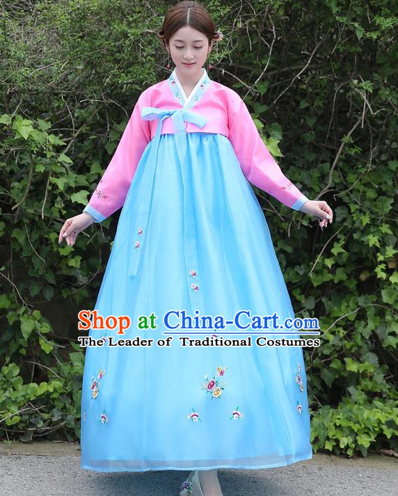 Asian Korean Court Costumes Traditional Korean Bride Hanbok Clothing Pink Blouse and Blue Dress for Women