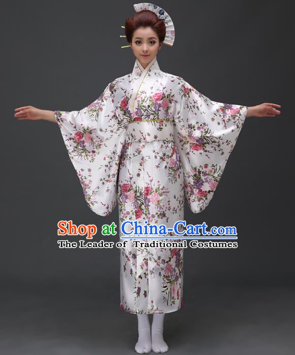 Asian Japanese Traditional Costumes Japan Printing Satin Furisode Kimono Yukata Dress Clothing for Women