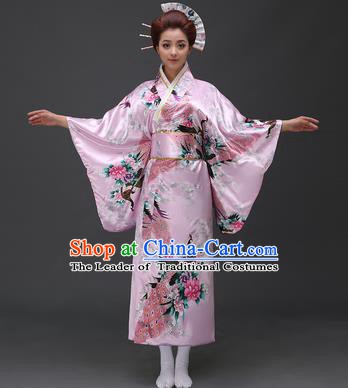 Asian Japanese Traditional Costumes Japan Printing Peacock Peony Pink Satin Furisode Kimono Yukata Dress Clothing for Women