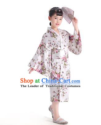 Asian Japanese Traditional Costumes Japan Printing Satin Furisode Kimono Yukata White Dress Clothing for Kids