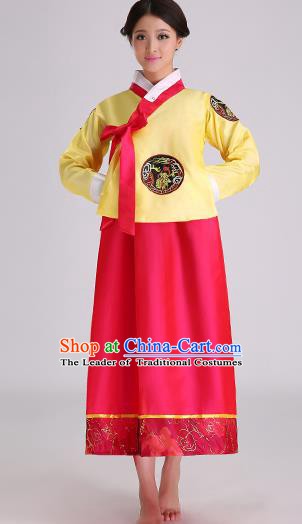 Asian Korean Palace Costumes Traditional Korean Bride Hanbok Clothing Yellow Blouse and Red Dress for Women