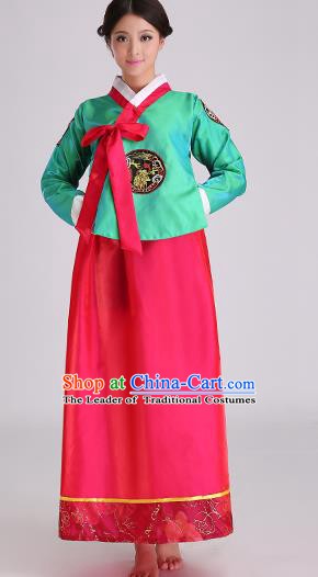 Asian Korean Palace Costumes Traditional Korean Bride Hanbok Clothing Green Blouse and Red Dress for Women