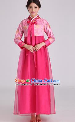 Asian Korean Palace Costumes Traditional Korean Bride Hanbok Clothing Pink Blouse and Rosy Veil Dress for Women