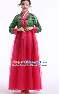 Asian Korean Palace Costumes Traditional Korean Bride Hanbok Clothing Green Blouse and Rosy Veil Dress for Women
