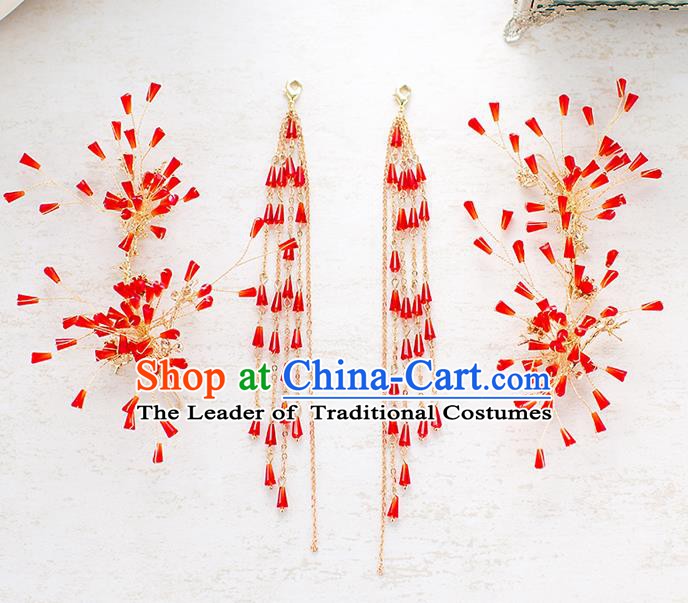 Handmade Classical Wedding Accessories Bride Red Hair Stick and Tassel Earrings Headwear for Women