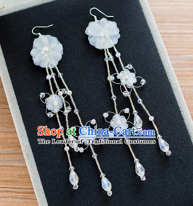 Handmade Classical Wedding Accessories Bride White Silk Flowers Tassel Earrings for Women