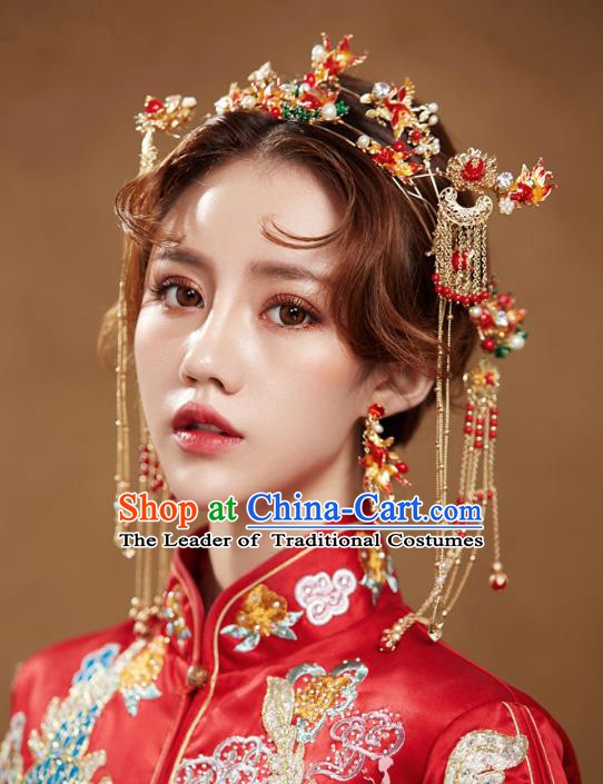 Chinese Handmade Classical Wedding Hair Accessories Ancient Tassel Hairpins Red Phoenix Coronet for Women