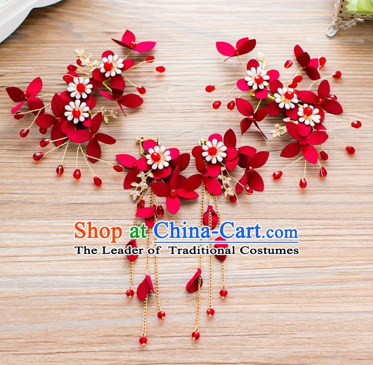 Handmade Classical Wedding Hair Accessories Bride Red Flowers Hair Stick Headband for Women