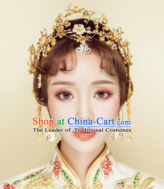 Chinese Handmade Classical Wedding Hair Accessories Ancient Xiuhe Suits Golden Phoenix Coronet Hairpins for Women