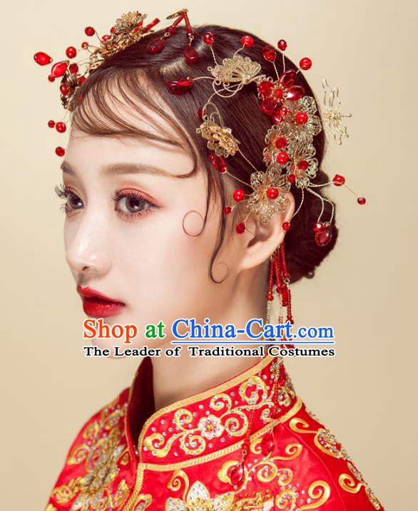 Chinese Handmade Classical Wedding Hair Accessories Ancient Red Beads Hair Stick Hairpins Headdress for Women