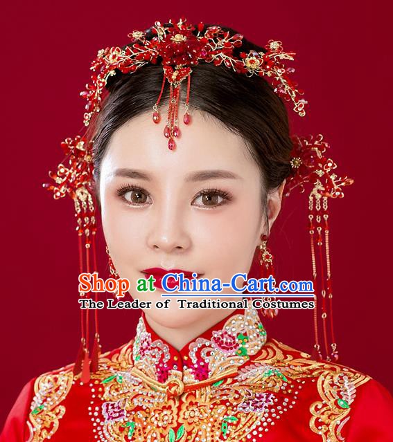 Chinese Handmade Classical Wedding Hair Accessories Ancient Red Beads Tassel Hairpins Headdress for Women