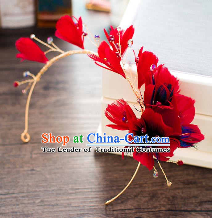 Handmade Classical Wedding Hair Accessories Bride Headwear Red Feather Hair Clasp for Women