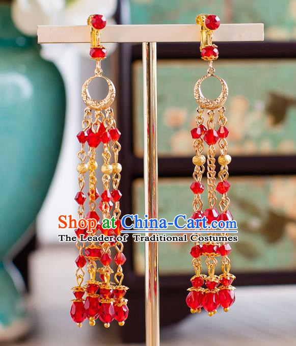 Handmade Classical Wedding Accessories Bride Red Beads Tassel Hanfu Earrings for Women