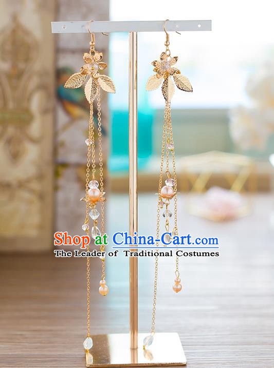 Handmade Classical Wedding Accessories Long Tassel Eardrop Bride Golden Flowers Earrings for Women