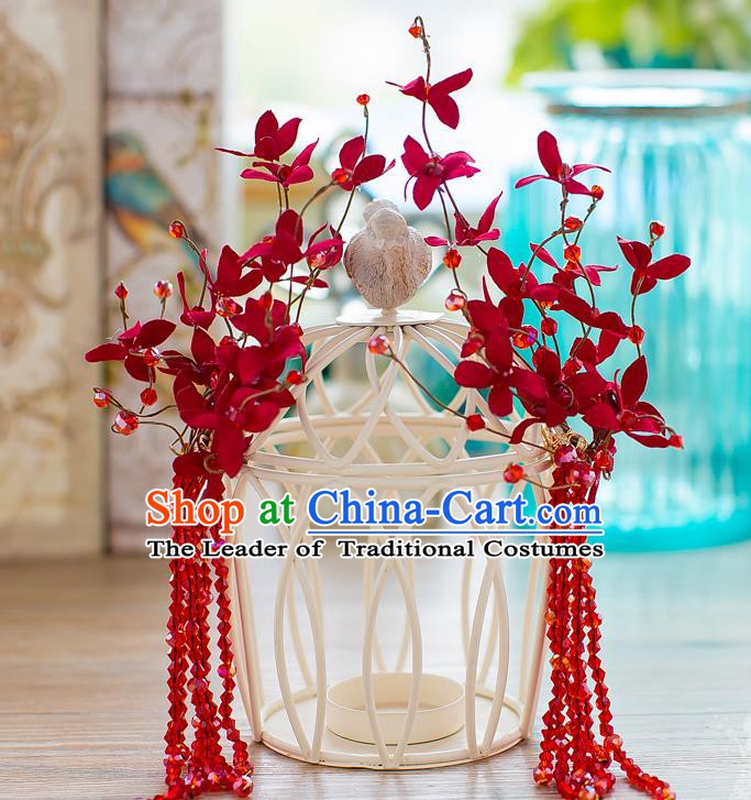 Handmade Classical Wedding Hair Accessories Bride Red Beads Hair Stick Headwear for Women