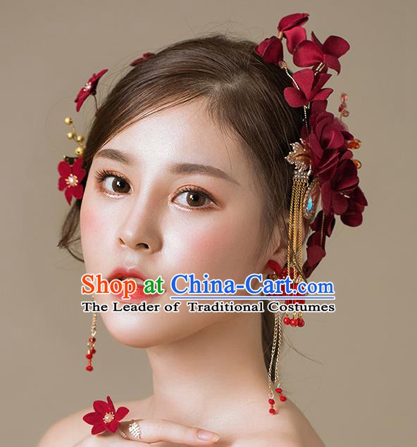 Handmade Classical Wedding Hair Accessories Bride Red Flowers Hair Claw Headwear for Women