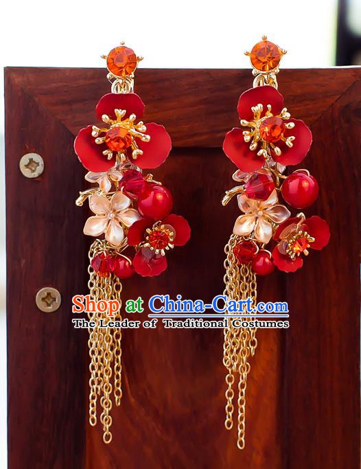 Handmade Classical Wedding Accessories Bride Tassel Red Flowers Earrings for Women