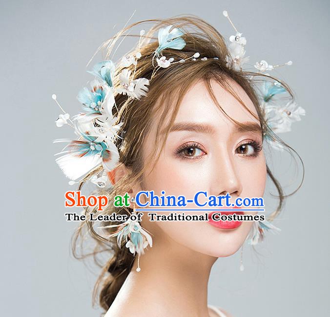 Handmade Classical Wedding Hair Accessories Bride Feather Hair Clasp and Earrings Headwear for Women