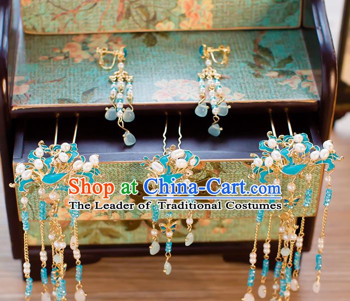 Chinese Handmade Classical Hair Accessories Ancient Hair Clip Blue Tassel Hairpins for Women