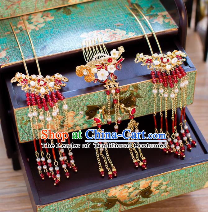 Chinese Handmade Classical Hair Accessories Ancient Red Beads Step Shake Tassel Hairpins for Women