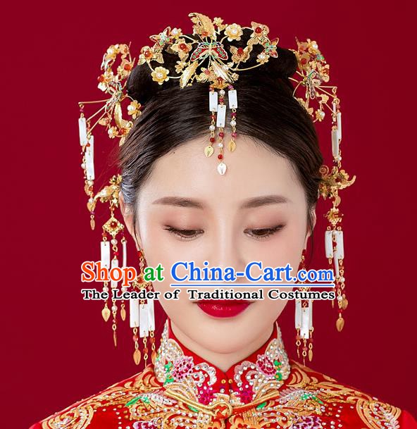 Chinese Handmade Classical Hair Accessories Ancient Red Phoenix Coronet Tassel Hairpins for Women