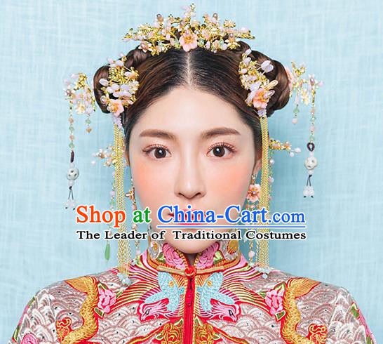 Chinese Handmade Classical Hair Accessories Ancient Bride Golden Hair Coronet Tassel Hairpins for Women