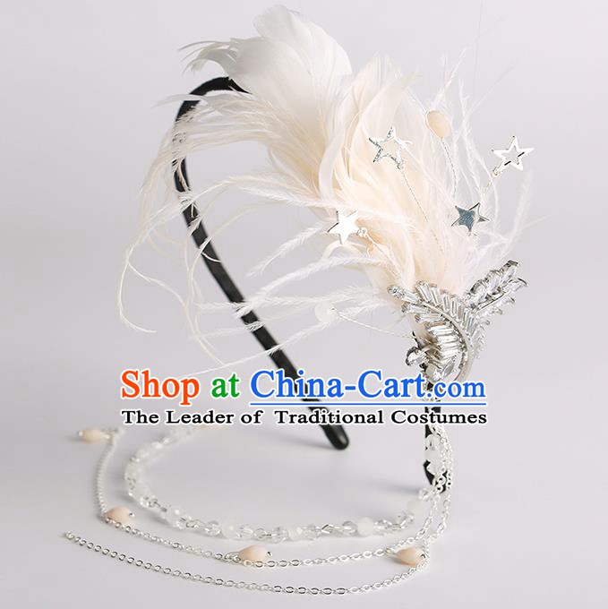 Handmade Classical Wedding Hair Accessories Bride White Feather Tassel Hair Clasp Headwear for Women
