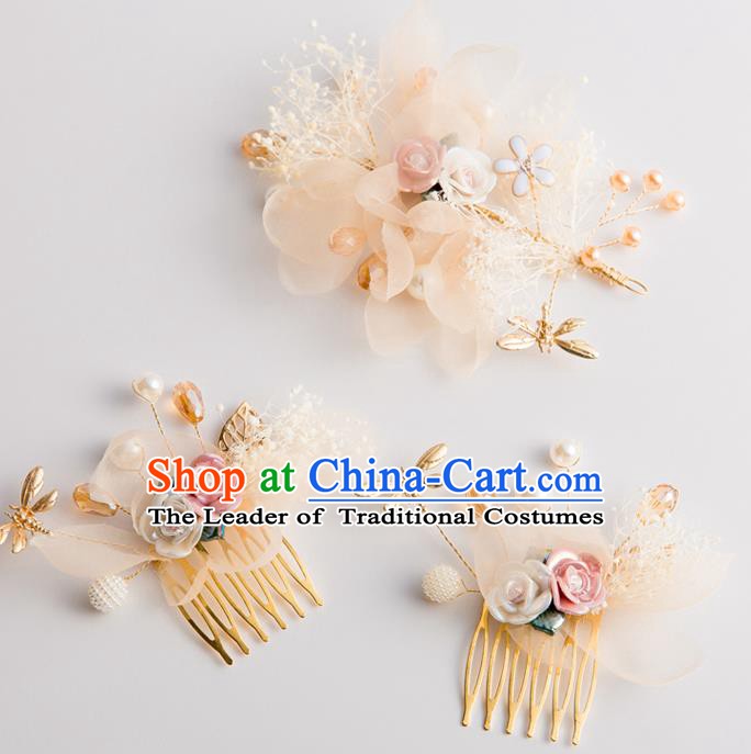 Handmade Classical Wedding Hair Accessories Bride Champagne Silk Hair Comb Hairpins Headwear for Women