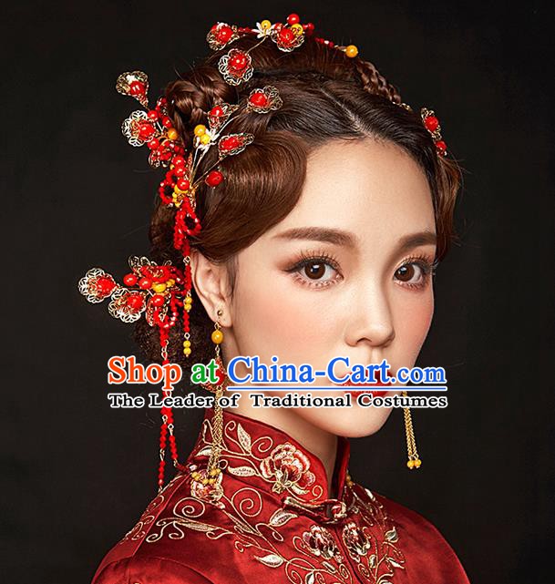 Chinese Handmade Classical Hair Accessories Xiuhe Suit Red Beads Tassel Hairpins Complete Set for Women