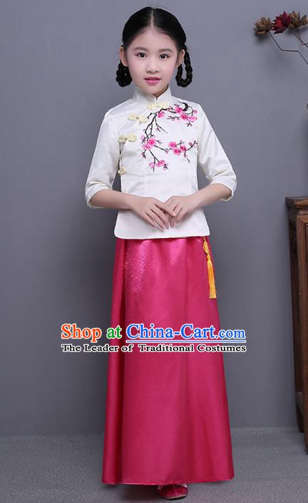 Traditional Republic of China Nobility Lady Costume Embroidered Cheongsam White Blouse and Pink Skirts for Kids