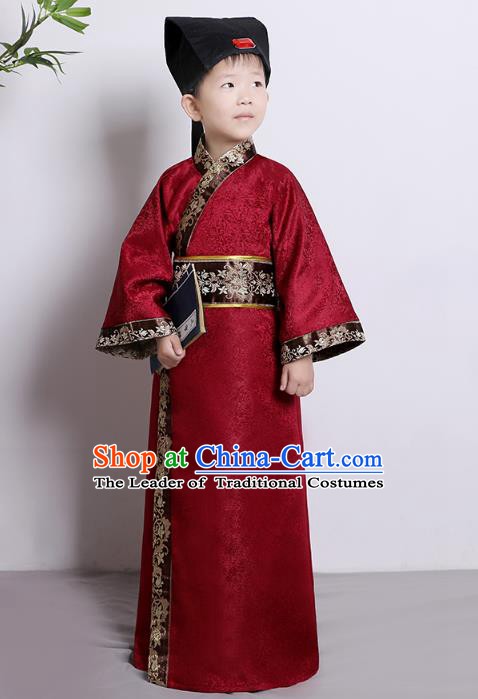 Traditional China Han Dynasty Minister Red Costume, Chinese Ancient Chancellor Hanfu Clothing for Kids