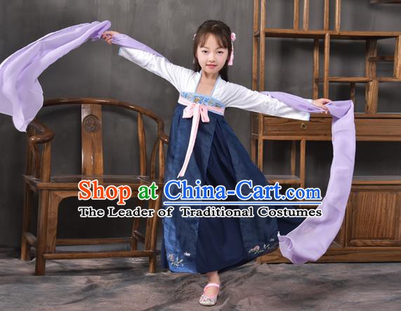 Traditional China Tang Dynasty Princess Navy Costume, Chinese Ancient Palace Lady Hanfu Clothing for Kids