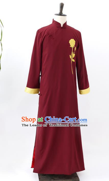 Traditional Republic of China Nobility Childe Costume, Chinese Cross Talke Clothing Wine Red Long Robe for Men