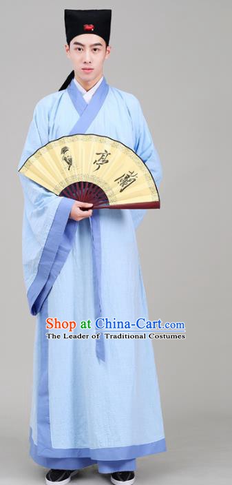 Traditional China Han Dynasty Scholar Costume Blue Robe, Chinese Ancient Chancellor Hanfu Clothing for Men