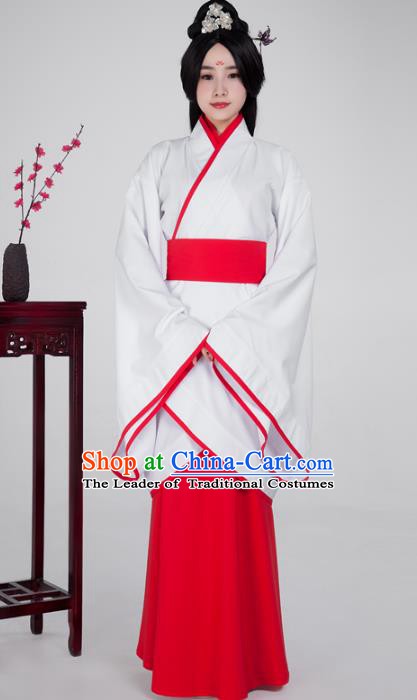 Traditional China Han Dynasty Princess Costume White Curving-front Robe, Chinese Ancient Palace Lady Hanfu Clothing for Women