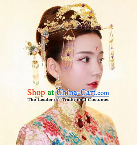 Chinese Handmade Classical Hair Accessories Xiuhe Suit Bride Tassel Phoenix Coronet Hairpins Complete Set for Women