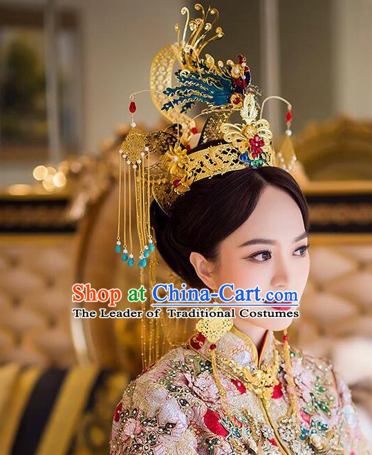 Chinese Handmade Classical Hair Accessories Wedding Bride Blueing Phoenix Coronet Hairpins Complete Set