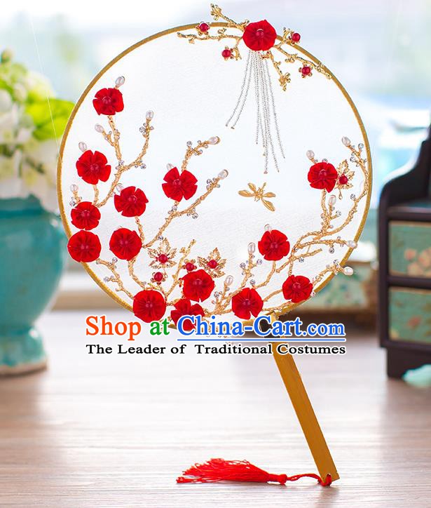 Chinese Handmade Classical Red Wintersweet Palace Fans Ancient Wedding Round Fans for Women