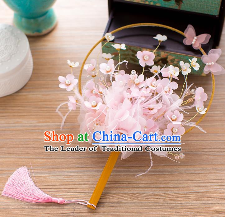 Chinese Handmade Classical Pink Flowers Palace Fans Ancient Wedding Round Fans for Women