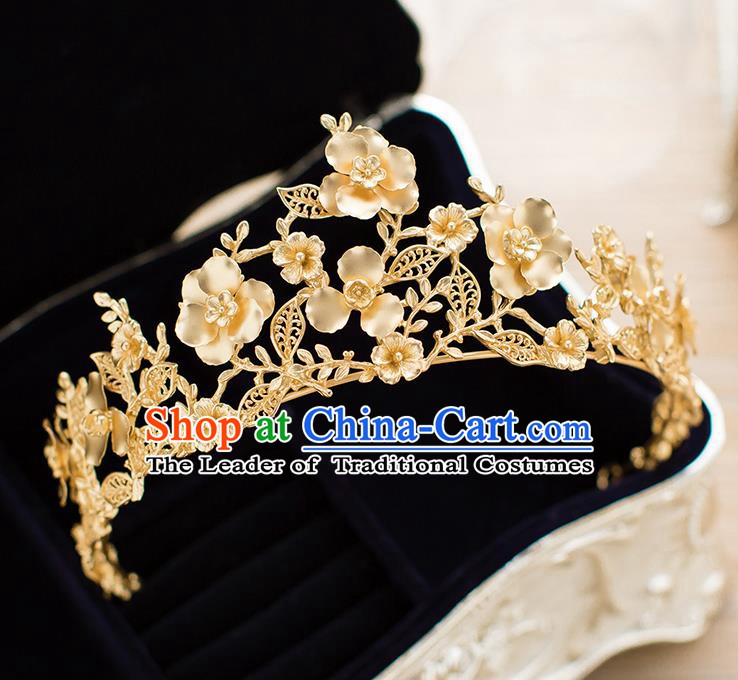 Handmade Classical Hair Accessories Baroque Bride Golden Flowers Royal Crown Headwear for Women