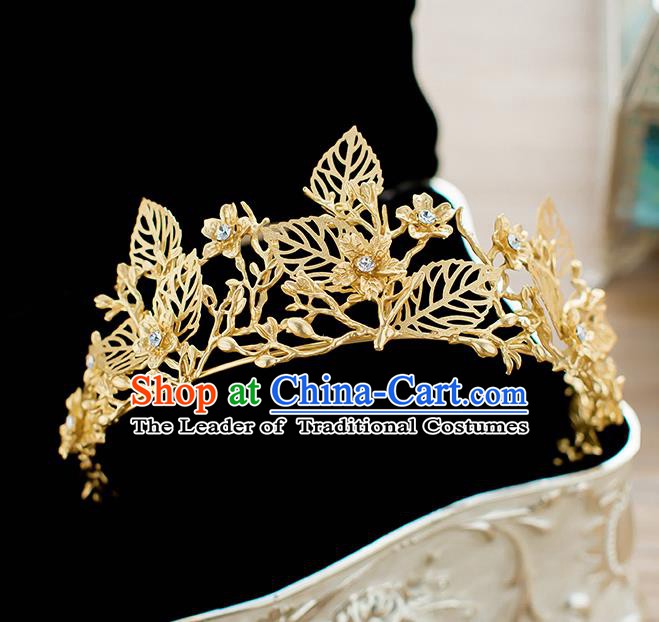 Handmade Classical Hair Accessories Baroque Bride Golden Leaf Royal Crown Headwear for Women