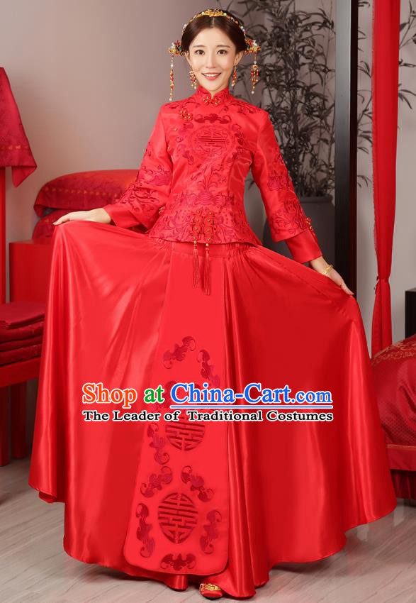 Traditional Ancient Chinese Wedding Costume Bride Embroidered Cheongsam Xiuhe Suits for Women
