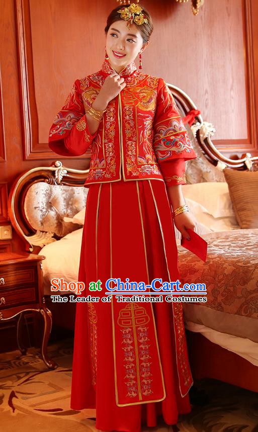 Traditional Chinese Wedding Costume Ancient Bride Embroidered Red Dress Xiuhe Suits for Women