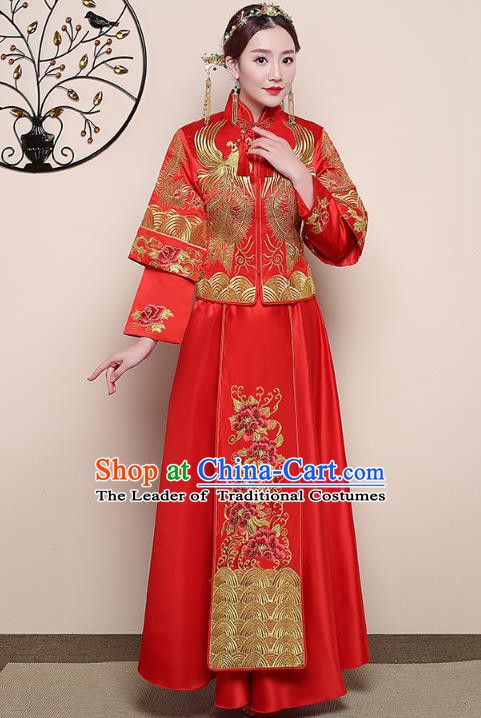 Traditional Chinese Wedding Costume Ancient Bride Embroidered Phoenix Red Xiuhe Suit Clothing for Women