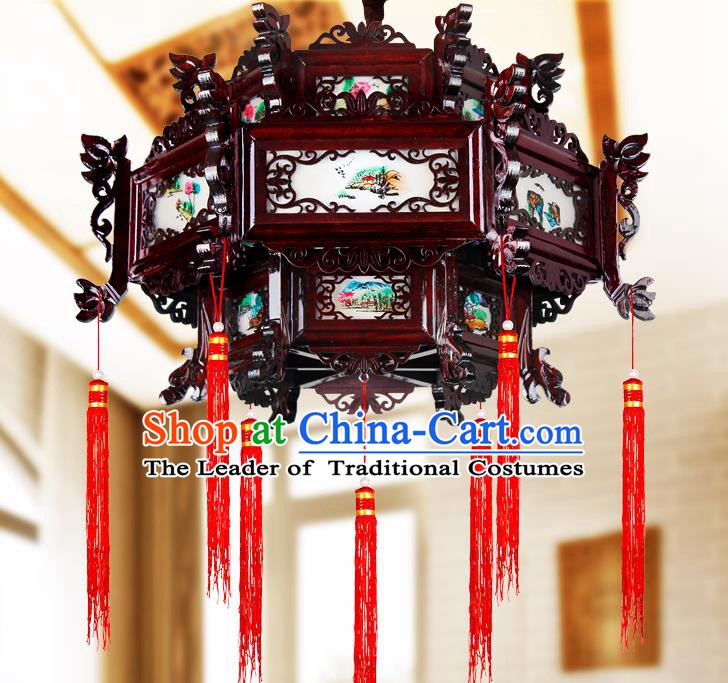 Traditional Chinese Painted Wood Palace Lanterns Handmade Lotus Hanging Lantern Ancient Ceiling Lamp