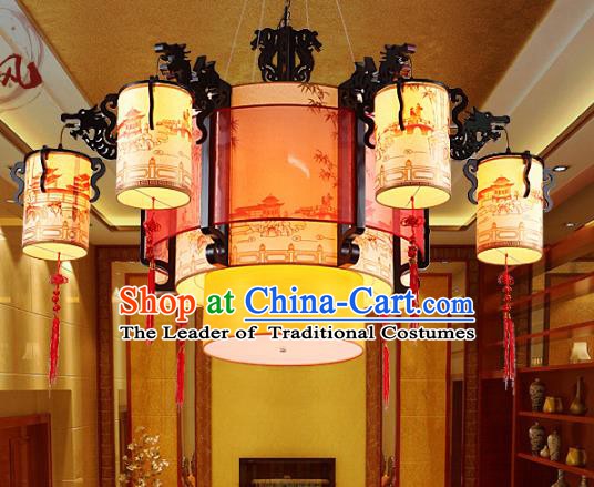 Traditional Chinese Dragon Head Hanging Palace Lanterns Handmade Six-Lights Lantern Ancient Ceiling Lamp